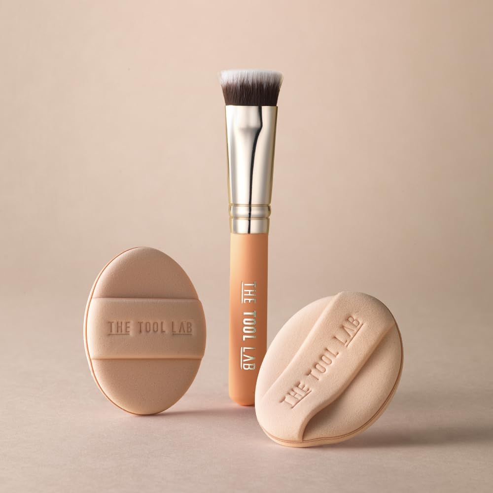 THE TOOL LAB Skinfit Conceal Duo, Flat Foundation Brush & Liquid Foundation Puff Set, Flat Concealer Brush with Foundation Sponge, Professional Makeup Sponge Kit, Korean Makeup