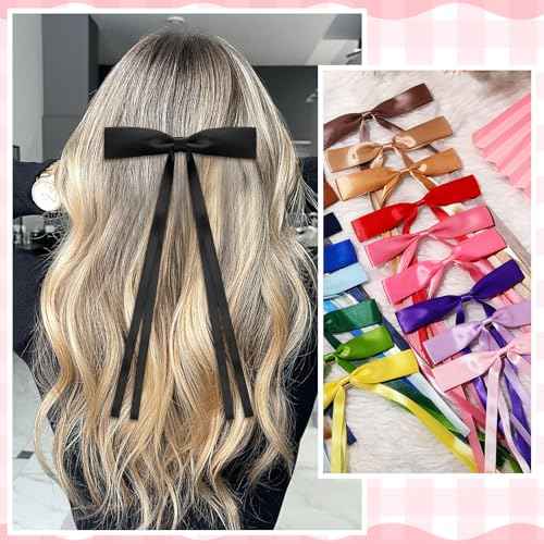 Mimorou 30 Pcs Hair Bow Clips Bulk Ribbon Bowknot Satin Tassel Hair Clips Barrettes Accessories with Long Tail for Women Girls