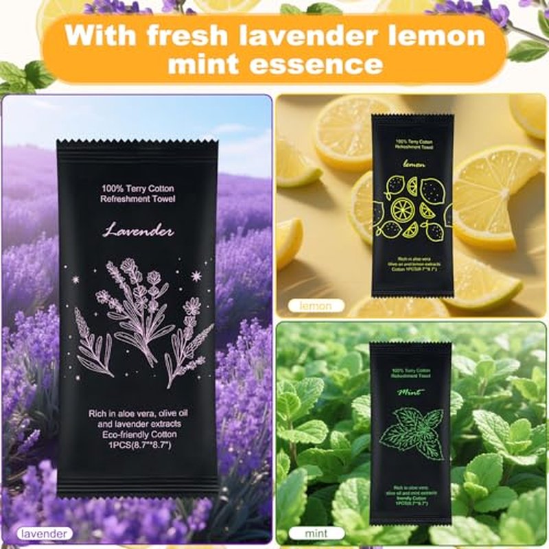 Moist Cotton Towel Bulk Moist Towelettes Individually Wrapped 8.7" x 8.7",White Towel Services,Refreshment Pre Moistened Towels Lavender,Lemon and Mint for Sport Party Spa(Pack of 300)