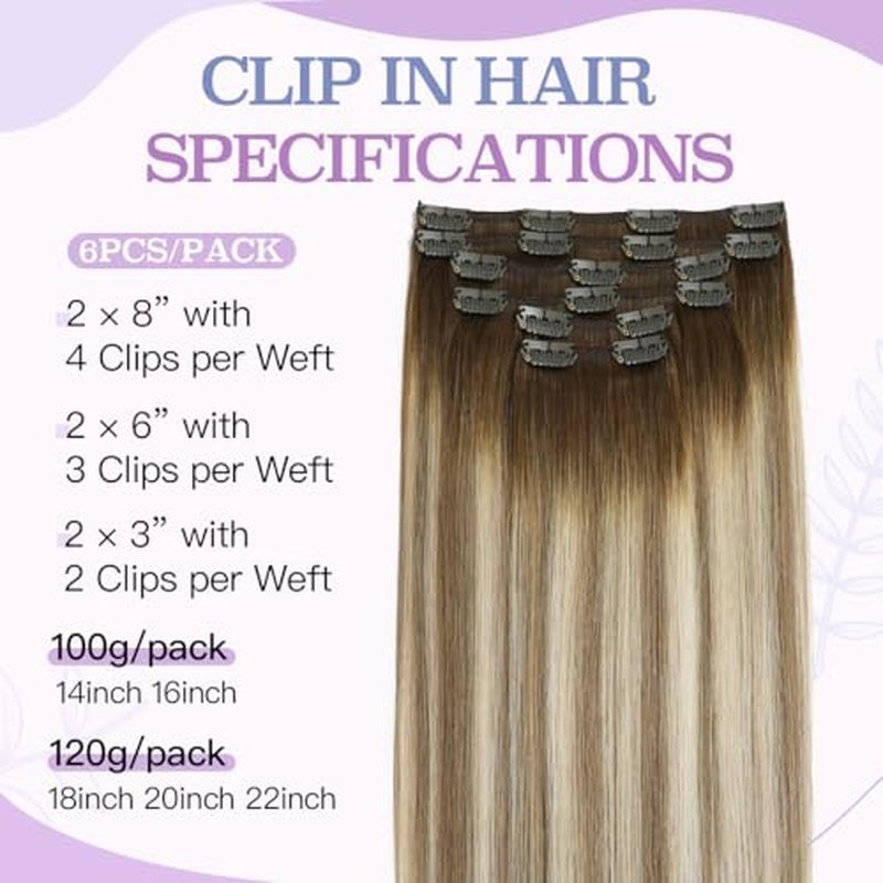 Sindra Clip in Hair Extensions Real Human Hair 18Inch Balayage Dark Brown Ombre Light Brown Blonde Hair Extensions Real Human Hair Clip ins Remy Straight For Woman 120G 6Pcs(clip#3/8/22 18inch)