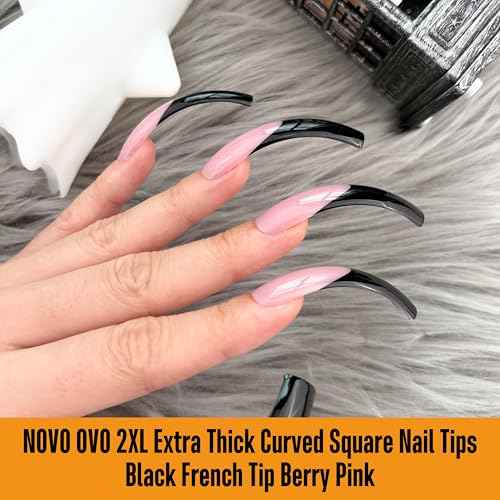 NOVO OVO Halloween Black XXL Curved Square French Tip Nail Tips Press on BERRY PINK, Full Cover Extra Thick Long XL Acrylic Hawk Curve Fake Extension Kit, Need Top Coat for Salon DIY 12 Sizes 144 pcs