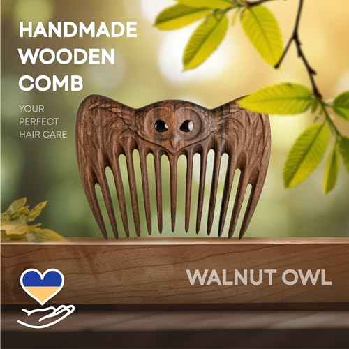 Handmade Wooden Hair Comb for Women Eco-Friendly Natural Wood Detangling Comb Gentle on Hair and Scalp Perfect for Thick Curly or Fine Hair Sustainable Beauty Hair Care Tool (Walnut Owl)