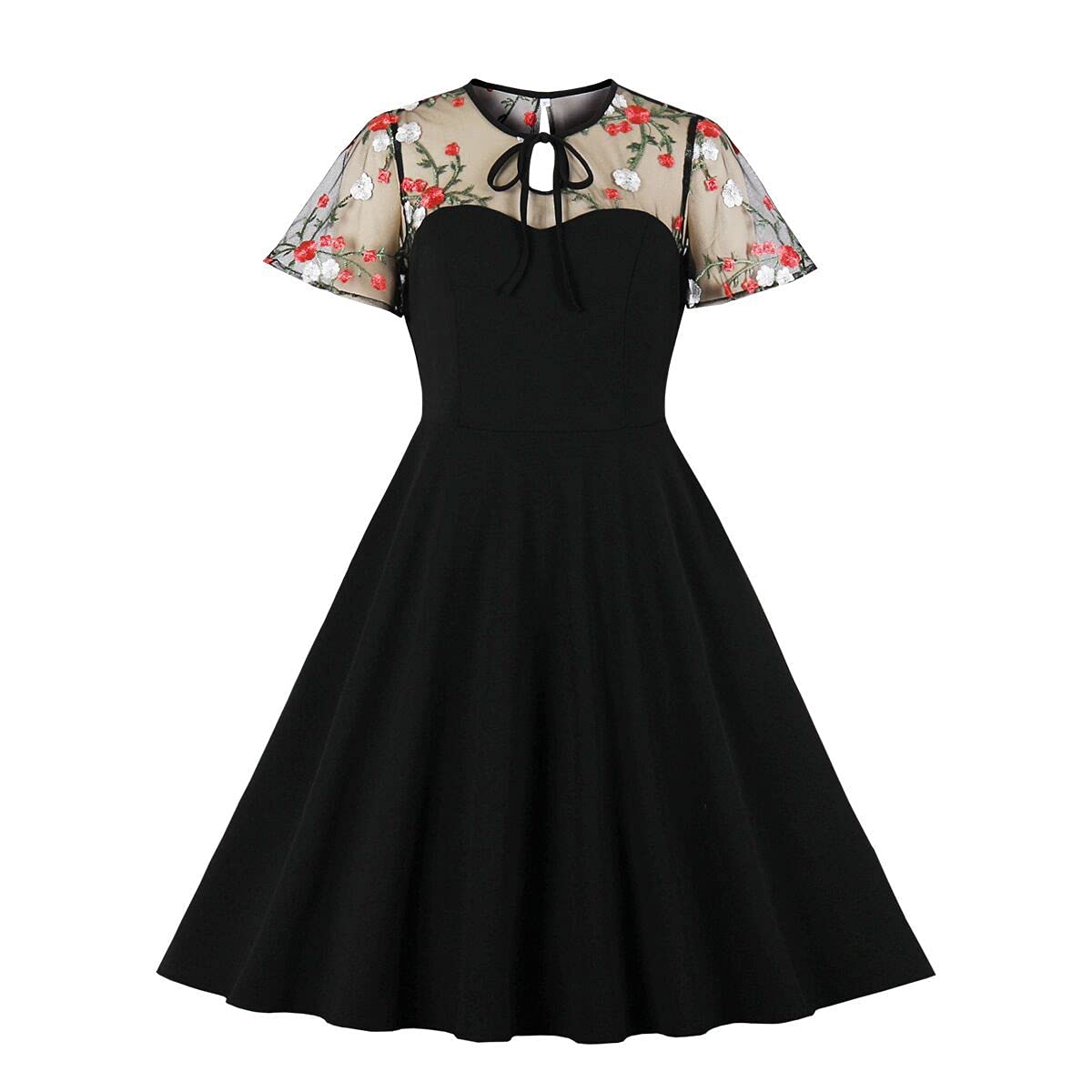 Women Keyhole Tie Neck Mesh Sleeve Vintage Cocktail Swing Dress Sweetheart Illusion Embroidery Flower 50s Pleated A-line Rockabilly Prom Dress Wedding Party 1950s Retro Casual Midi Dress Floral 4XL
