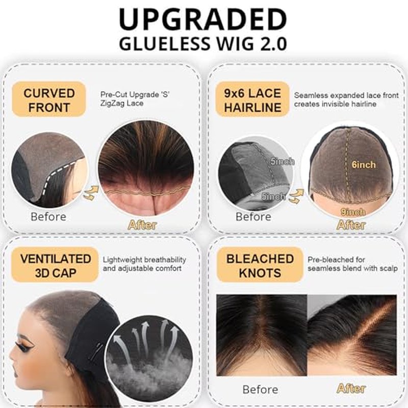 9x6 Glueless Wigs Human Hair Pre Plucked Pre Cut 1B/30 Highlight Body Wave Wear and Go Glueless Wigs Human Hair for Women Bleached Tiny Knots Body Wave Human Hair Wigs 210% Density 20 Inch