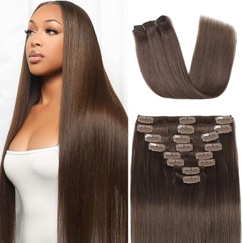 Clip in Hair Extensions Real Human Hair 4.3oz/120g Clip ins 100% Brazilian Remy Human Hair Extension for Women 8pcs Per Set with 18 Clips Double Weft (24 Inch #4 Chocolate Brown)