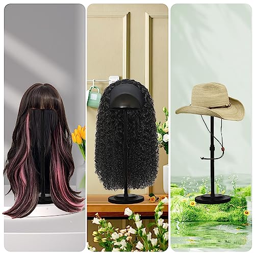 Wig Stand 1PC Adjustable Height Black Plastic Wig Head Stand Portable Wig Holder Stands Non-Slip Wig Head Holders Sturdy for Multiple Wigs and Hats Styling Drying Display