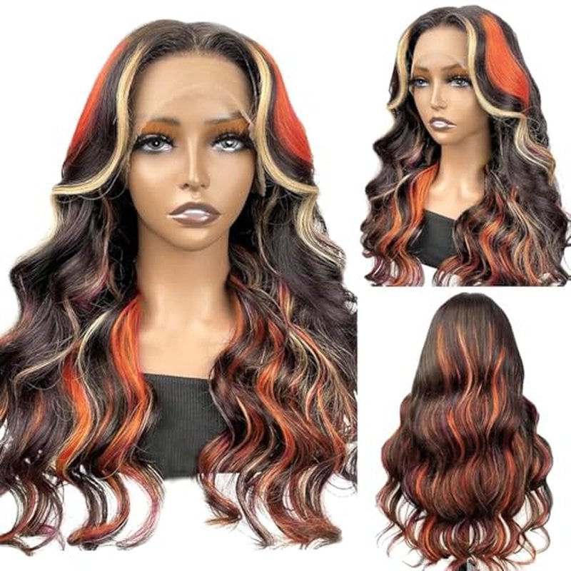 Black Ginger Blonde Highlight Wig Human Hair 13x4 Transparent Lace Front Skunk Stripe Wig Body Wave Glueless Pre Plucked Bleached Knots Lace Frontal Wig Black Honey Blonde Ginger Highlight Wig 20 Inch
