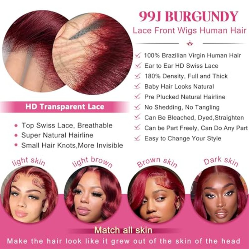 Burgundy Wig Human Hair Wigs for Black Women13x4 Deep Wave Lace Front Wigs Pre Plucked 200% Density 99j Loose Deep Wave Wigs Red Wine Virgin Glueless Wig22 Inch