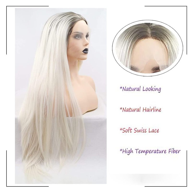 Angle Lucky Long Straight Platinum Blonde Lace Front Wig Synthetic Omber Blonde with Black Root Middle Part Wig Heat Resistant Fibre Realistic Hairline Daily Wigs for Women 24 Inch