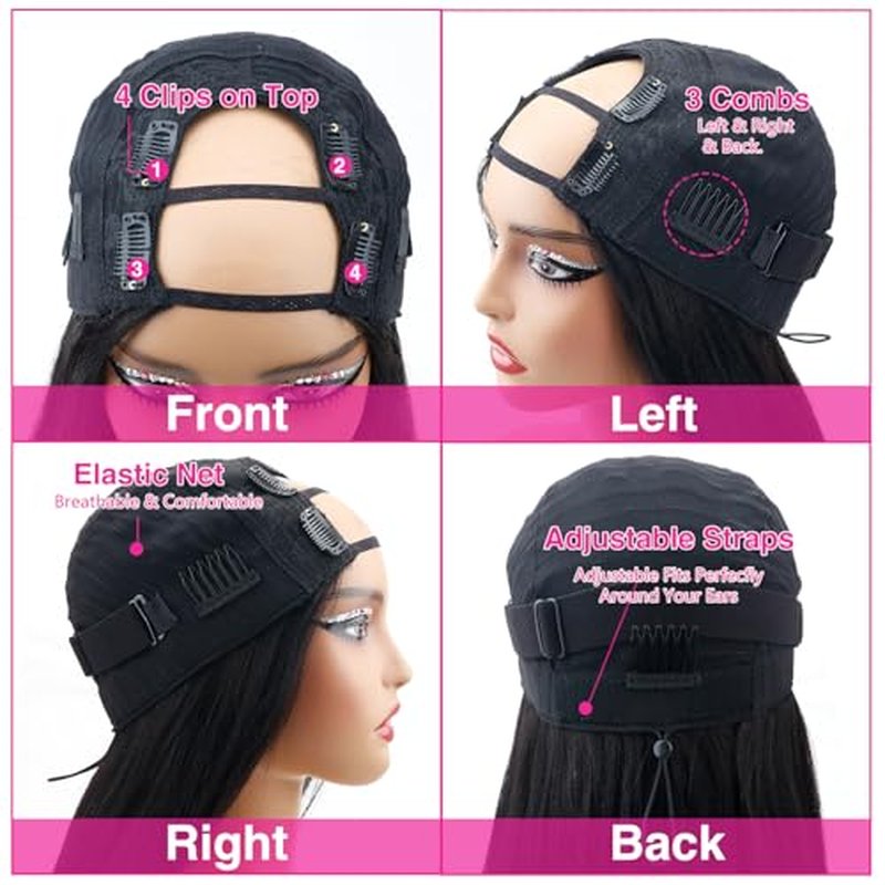 U Part Wigs Human Hair Yaki Straight Glueless Wig Human Hair 200% Density Yaki Straight U Shape Wig Upgrade None Lace No Sew In U Part Wigs With Drawstring Beginner Friendly,Natural Color(18 Inch)
