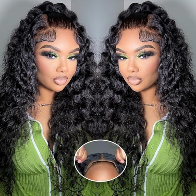 26 Inch Water Wave Lace Front Wigs Human Hair Wigs for Black Women 180% Density 5x5 HD Lace Front Glueless Wigs Human Hair Pre Plucked with Baby Hair Deep Curly Lace Frontal Human Hair Wig
