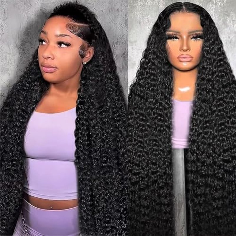 28 Inch 13x6 HD Lace Front Wigs Human Hair Deep Wave Lace Front Wigs Human Hair Pre Plucked Deep Curly Wigs for Women Natural Black 180% Density