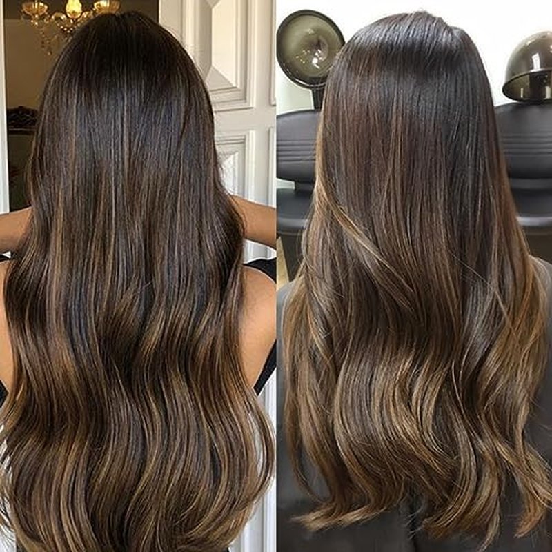 SEACOLOR Stock Clearance: 16 Inch, 140g Balayage Dark Brown mixed with Chestnut Brown Remy Clip In Hair Extensions, 100% real Human Hair Highlights on Dark Brown Hair #T2/6/2