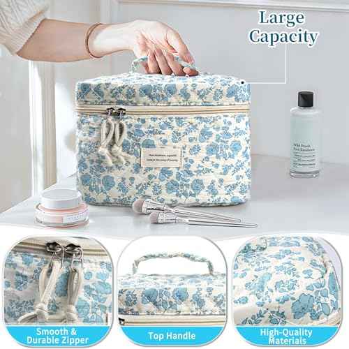 Cute Makeup Bag for Women(2 Pcs), Travel Cosmetic Bags, Quilted Coquette Aesthetic Floral Toiletry Organizer Bag (46 - Sky Blue/4Pcs)