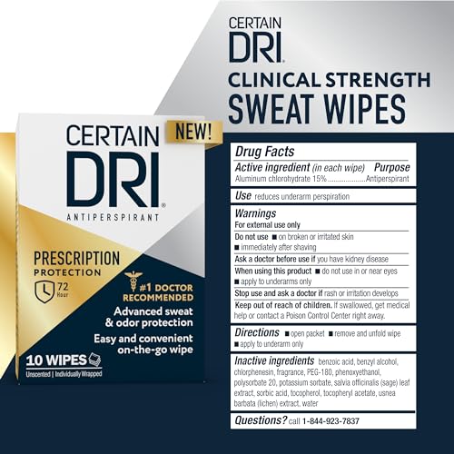 Certain Dri Antiperspirant Wipes for Excessive Sweating & Hyperhidrosis ? 72HR Clinical Strength Odor & Perspiration Protection, Travel-Friendly, Dermatologist Recommended, (10 Count)