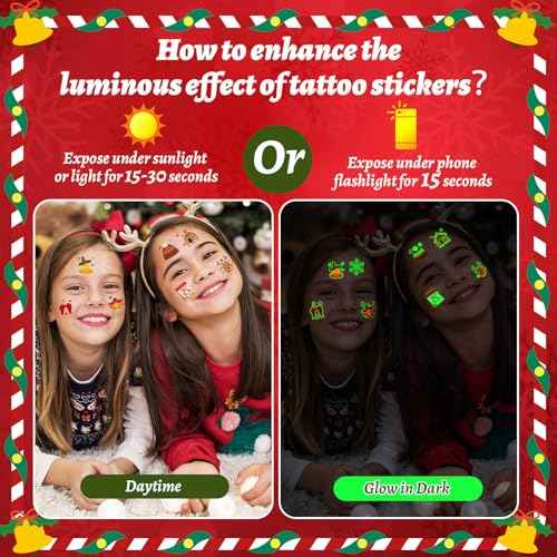 JUNEBRUSHS Christmas Glow in Dark Temporary Tattoos for Kids, 180 Individually Christmas Luminous Tattoo Stickers Santa Claus for Kids Christmas Socks Gifts Party Boys Girls Goody Bag Stuffers