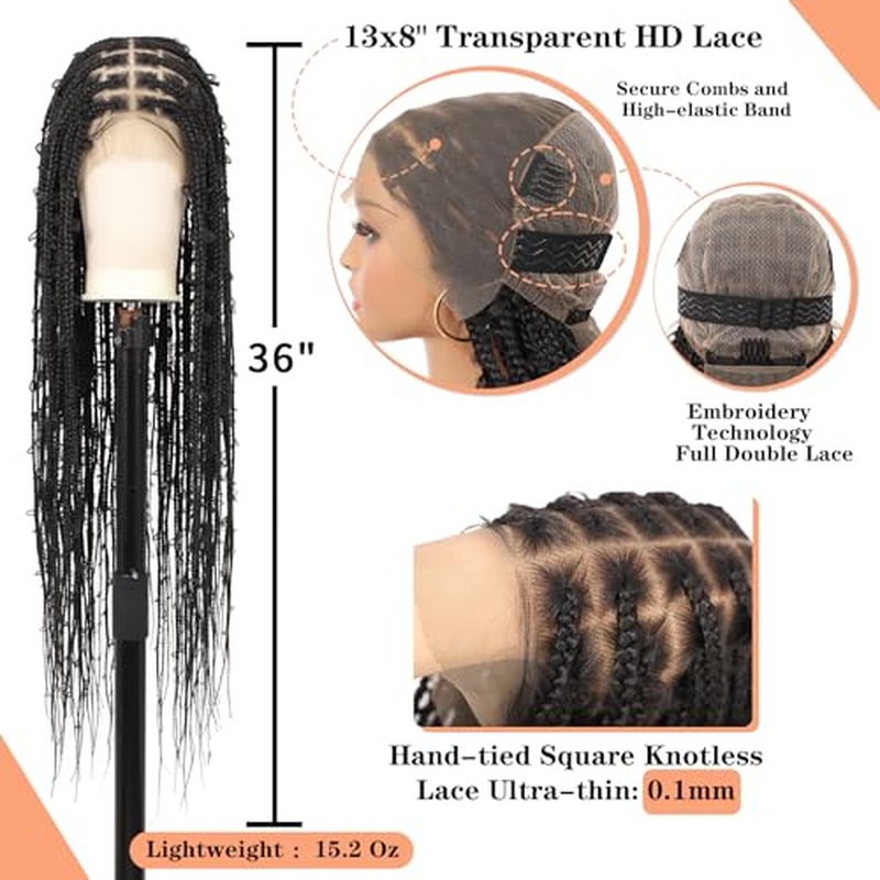 36" 13x8 HD Lace Front Braided Wigs for Women Knotless Box Braided Wigs Butterfly Braided Wig with Baby Hair Free Parting Synthetic Hair Braided Lace Front Wigs Natural Black