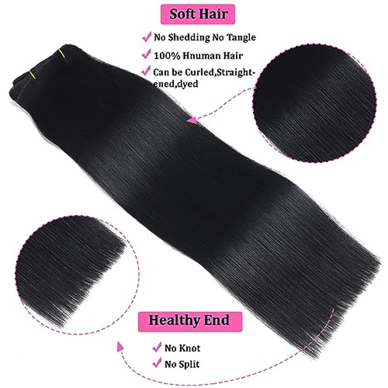 Jet Black Clip in Hair Extensions Real Human Hair Clip in Extensions Remy Human Hair Invisible Natural Straight Seamless 8pcs Double Weft 24 Inch 90g