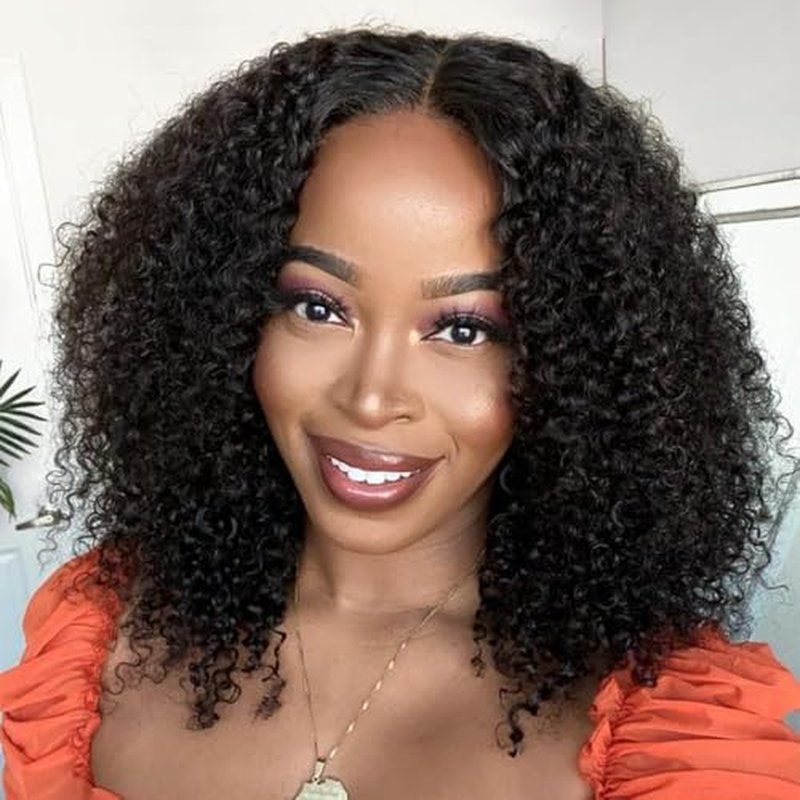 Glueless V Part Wigs Human Hair Afro Kinky Curly Upgrade U Part Wigs for Black Women Kinky Curly V Part Human Hair Wigs Full Head Clip In Half Wig 200% Density 20 Inch