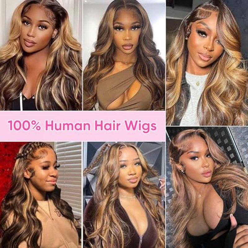 Honey Blonde Ombre 13x6 Lace Front Wig Human Hair 210 Density Highlight Body Wave Lace Front Wigs Human Hair Pre Plucked Glueless Lace Frontal Wig for Women 4/27 Colored 24Inch