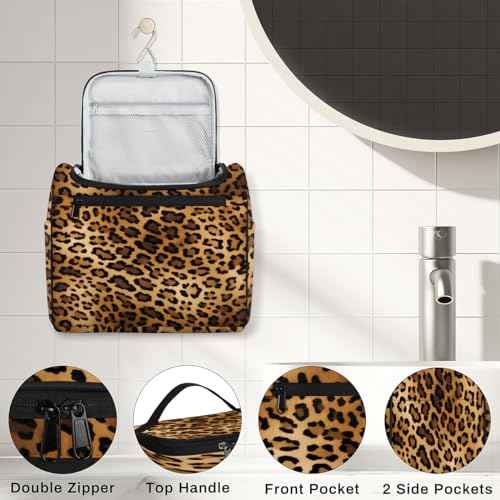 Toiletry Bag with Hanging Hook Makeup Bag Retro Leopard Cheetah Animal Print Cosmetic Case Travel Organizer for Women Men Traveling Wash Bag