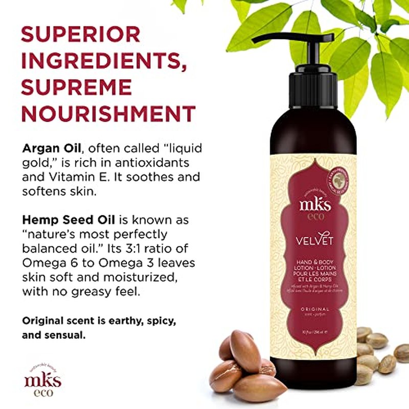 MKS eco Velvet Hand & Body Lotion, Original Scent - 10 oz - Restores Skin Softness, Flexibility & Elasticity - With Moroccan Argan Oil & Hemp Seed Oil - Vegan & Cruelty Free
