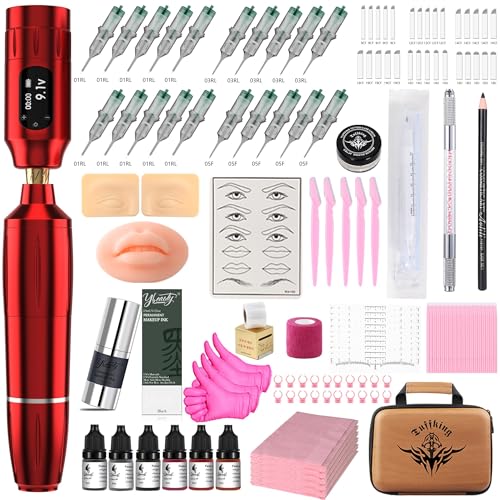 Eyebrow Microblading Tattoo Gun Kit - Professional Tattoo Pen & Brow Pencil Set for Microblading Supply, Semi-Permanent Makeup Tattoo Machine with 50Pcs Needles for Artists Starter (Red, TP39)