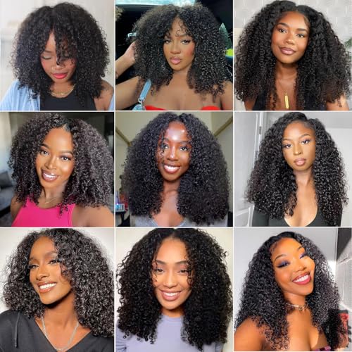 V SHOW V Part Wigs Human Hair Kinky Curly Upgrade Glueless Human Hair V-Part Clip in Wigs No Leave Out, No Glue, No Sew-in, Beginner Friendly 16 inch