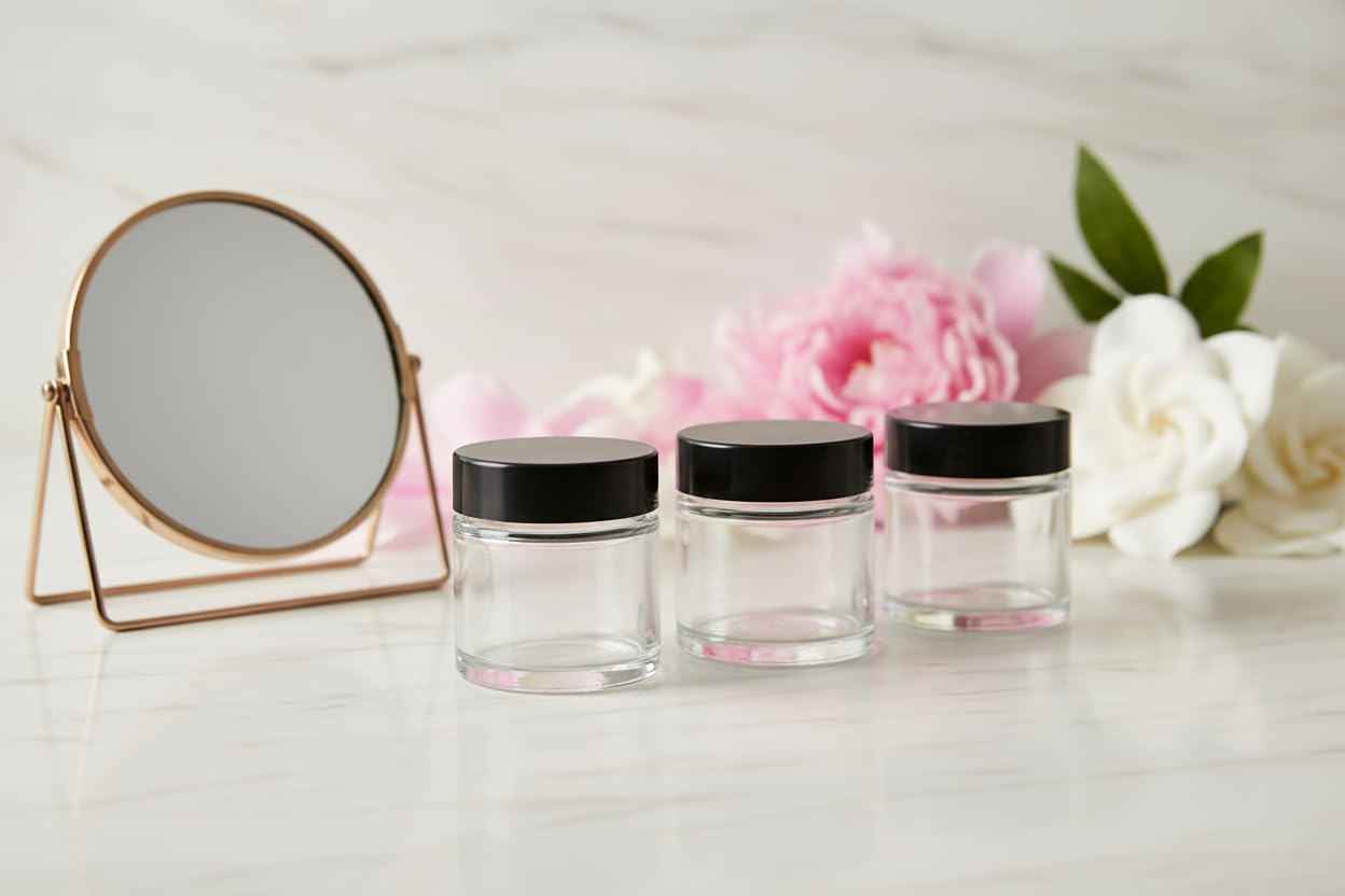 1 oz / 30 ml Clear Thick Wall Glass Jar with Black Lids (12 Pack) Airtight, Smell Proof