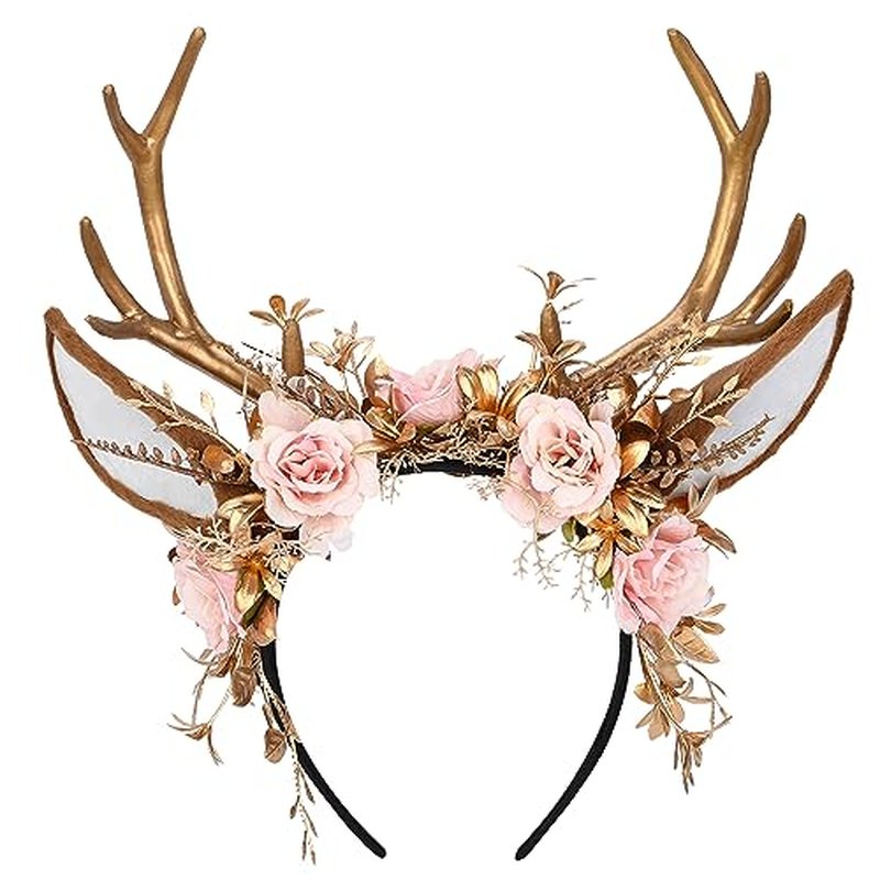 MOSTORY Handmade Gold Flower Antler Headband - Woodland Floral Reindeer Headpiece with Deer Ears Forest Fairy Hairband for Women Girls Renaissance Halloween Cosplay Party Prom Photo Props Pink Rose