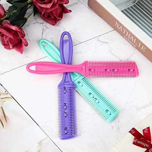 3 Pieces Hair Cutting Comb Set with 10 Razors, Double Edge Razor, Thinning Comb for Slim Haircuts (Green, Purple, Pink)
