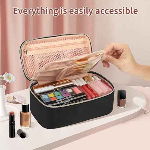 OCHEAL Small Makeup Bag with Zipper Pouch,Portable Cute Travel Makeup Bag Pouch for Women Girls Makeup Brush Organizer Cosmetics Bags with Compartment-Nylon Black