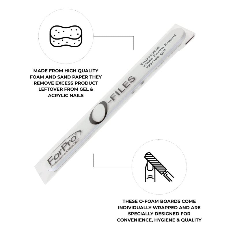 ForPro Professional Collection O-Files Foam Board, Double-Sided Manicure Nail File, 100/180 Grit, Individually-Wrapped, 6" L x .75" W, White, 100-Count
