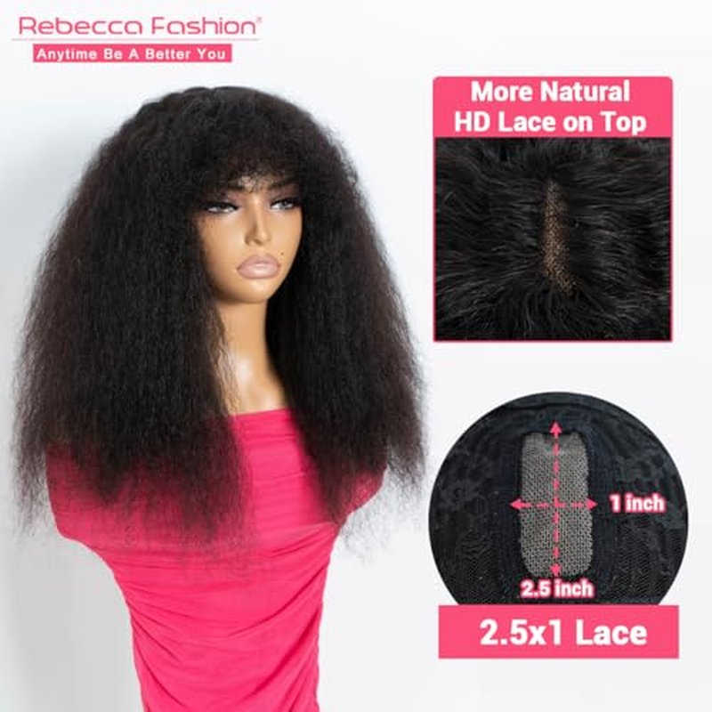 Rebecca Fashion Afro Kinky Curly Wig with Bangs Human Hair Glueless Minimalist 2.5x1 Lace Scalp Wig for Women Glueless Wear and Go Wigs Natural Color