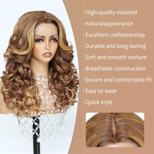 X-TRESS Big Elastic Curly Wave honey blonde Middle Part Lace Synthetic Wig, 22 Inches Yaki, Pre-plucked Glueless Deep Roll Shaped Hair 4/27 for Black White Women Daily party deep wave lace front wigs