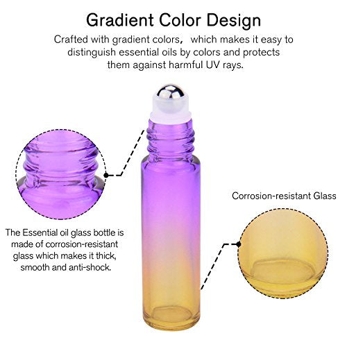 PrettyCare 60 Pack, 10 ml Essential Oil Roller Bottles with Stainless Steel Roller Ball - Bulk Refillable Leak-proof Empty Thick Rainbow Glass Roll on Bottles with Metal Caps for Travel, Perfume