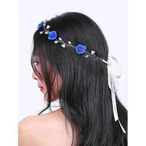 Missgrace Bridal Crystal Navy Blue Headband Wedding and Bride Hairpiece for Evening Party Navy Blue Flower Women Vintgae Hair Vine Bridal Hair Accessories