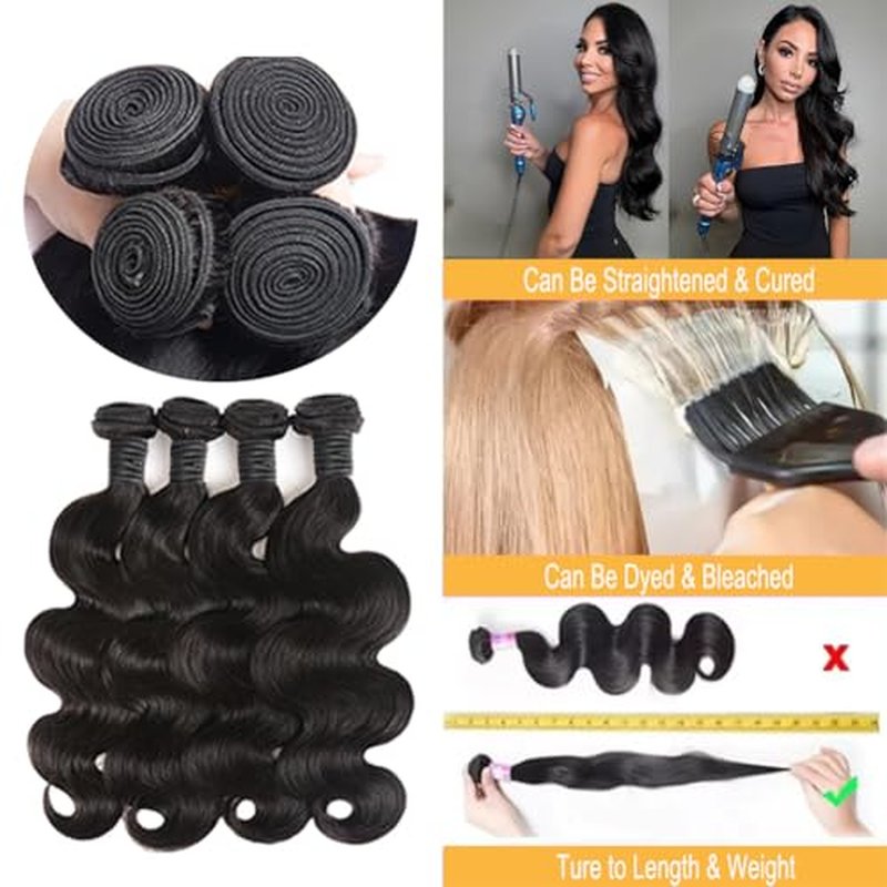 12A Human Hair Bundles Body Wave Human Hair Bundles 100% Unprocessed Brazilian Virgin Human Hair Extensions 14 16 18 20Inch 4 Bundles Deals Human Hair Quick Weave Bundles Human Hair Natural Black