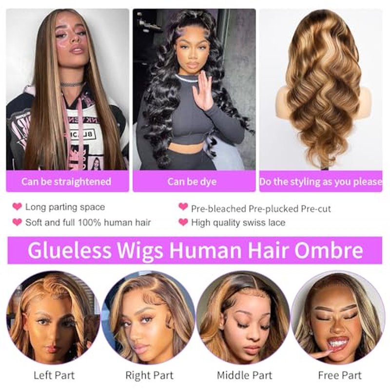 #4/27 Ombre Highlight Lace Front Wigs Human Hair Pre Cut 5X5 Glueless Honey Blonde Body Wave Wigs for Women Pre Plucked with Baby Hair Lace Closure wig 200% Density £¨20inch£©