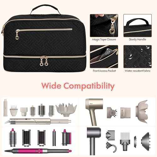 Teamoy Travel Carrying Case Compatible with Shark Flexstyle, Double-Layer Storage Bag for Shark Hyperair, Portable Travel Organizer for Dyson Airwrap Styler and Attachments, Black Quilted