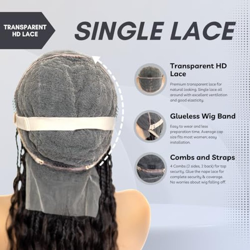 PIB Single Full Lace Braid Wig ? Micro Boho Peruvian Deep Wave Box Braided Wig, Knotless Braided Wigs for Black Women, Curly Hair Wig (#4 Medium Dark Brown, 32" Small-Medium)