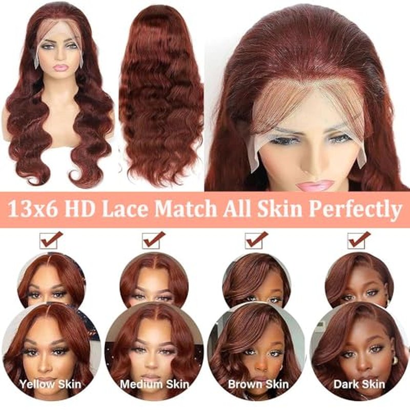 Reddish Brown Lace Front Wigs Human Hair Pre Plucked 13x6 Body Wave Lace Frontal Wigs Human Hair 16 Inch 180% Density Auburn Colored