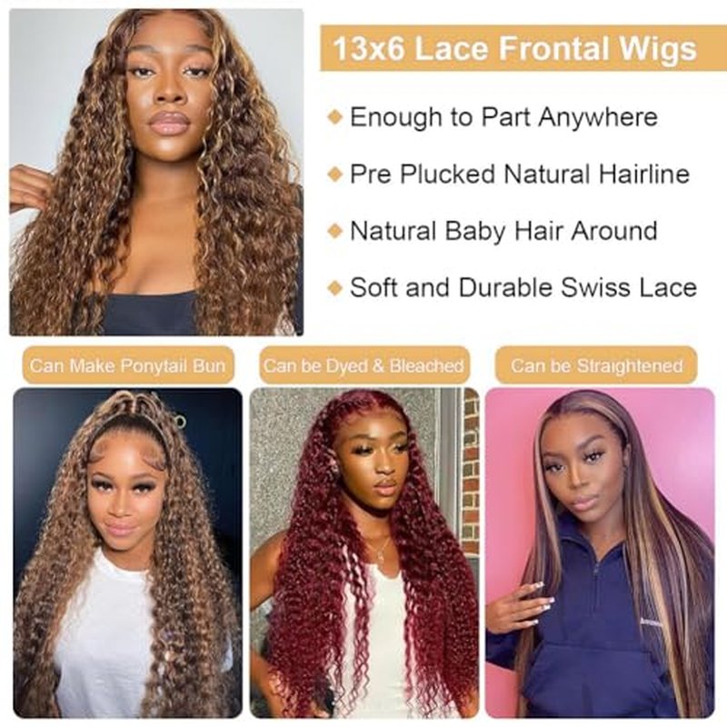13x6 Highlight Lace Front Wig Human Hair 4/27 Ombre Deep Wave Lace Front Wig Human Hair Pre Plucked With Baby Hair 180% Density Honey Blonde Curly Human Hair Glueless Wigs for Women (22 inch)