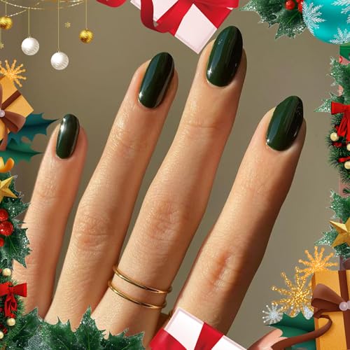 Modelones Dark Green Press on Nails Almond, Christmas Short Almond Fake Nails, Reusable Nail Kit with Nail Glue Adhesive Tabs Mini Nail File, Nails Press Ons 32Pcs 16 Sizes