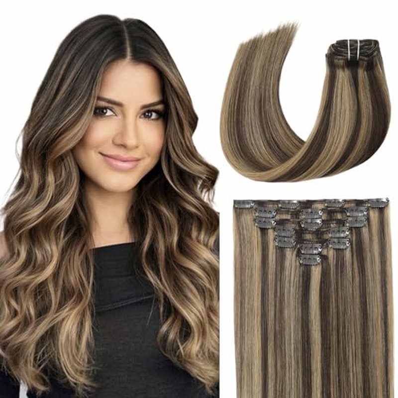 Human Hair Extensions Clip in 18 inch 120g 7PCS Straight Natural Clip ins Real Remy 100% Human Hair Extensions Chocolate Brown To Caramel Blonde Double Weft Thick Layered Clip on Hair