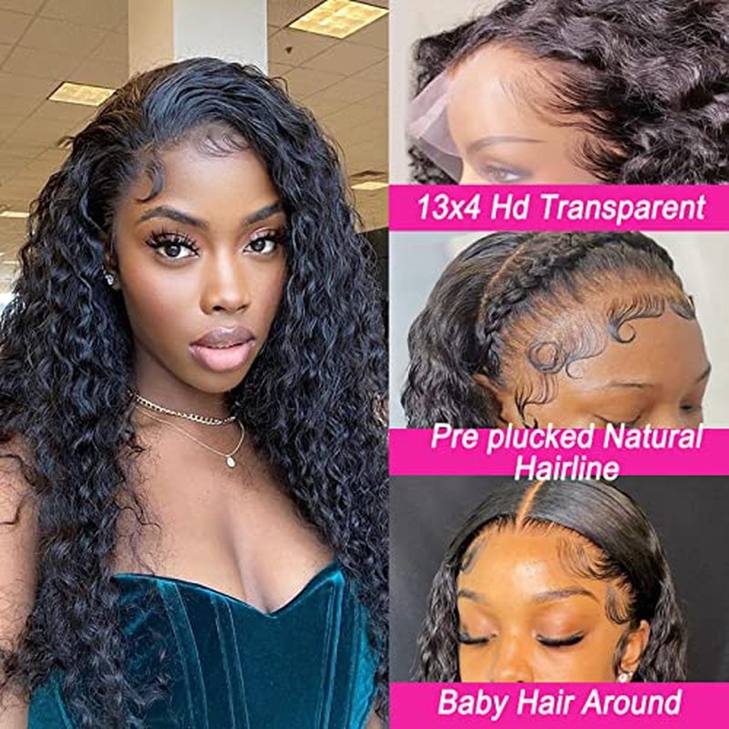 13x4 HD Transparent Water Wave Lace Front Wigs Human Hair Pre Plucked with Baby Hair 180% Density Water Curly Wave Lace Frontal Wigs for Black Women 28 Inch Natural Color