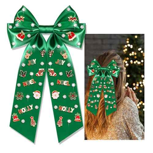 Christmas Hair Bow Clip Christmas Snowflake Tree Reindeer Santa Claus Crystal Embellished Hair Bow Barrettes Xmas Winter Holiday Big Bow Hairpin Accessories Gift (green Christmas bow)