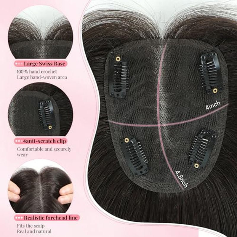 Hair Toppers for Women Real Human Hair Topper for Women with Thinning Hair 12inch 4x4.8 Large Swiss Base Hairpieces (Dark Brown)