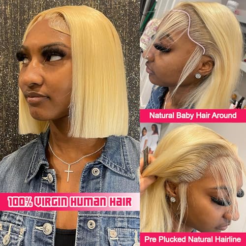 Honey Blonde 13x6 Transparent Lace Frontal Wigs For Black Women 180% Density 13x6 Blonde Short Straight Lace Bob Wigs Human Hair Pre Plucked Brazilian Remy Human Hair Blonde Glueless Lace Wig 16 Inch