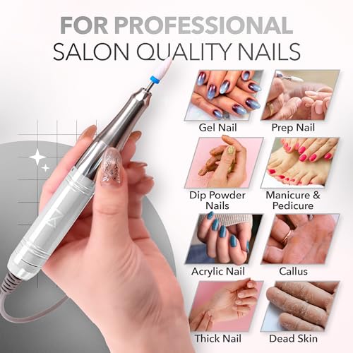 M Mase- Professional Nail Drill Machine - Coreless 2-in-1 Nail File - Electric, Cordless, 35000 RPM, HD Display - Electric Nail Drill for Professional & Home Use (White)